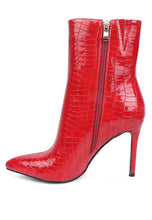 Load image into Gallery viewer, Sophisticated Croc Textured Patent Pu High Heeled Red Black Ankle Boots
