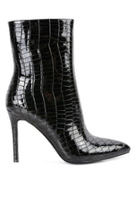 Load image into Gallery viewer, Sophisticated Croc Textured Patent Pu High Heeled Red Black Ankle Boots
