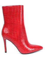 Load image into Gallery viewer, Sophisticated Croc Textured Patent Pu High Heeled Red Black Ankle Boots
