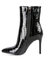 Load image into Gallery viewer, Sophisticated Croc Textured Patent Pu High Heeled Red Black Ankle Boots
