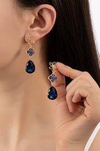 Load image into Gallery viewer, 3 Tier Flower and Royal Blue Linear Drop Earrings
