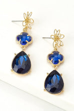 Load image into Gallery viewer, 3 Tier Flower and Royal Blue Linear Drop Earrings
