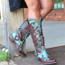 Load image into Gallery viewer, Chic Embroidered Lace-Up Mid-Calf Cowboy Boots with Bold Thick Heels
