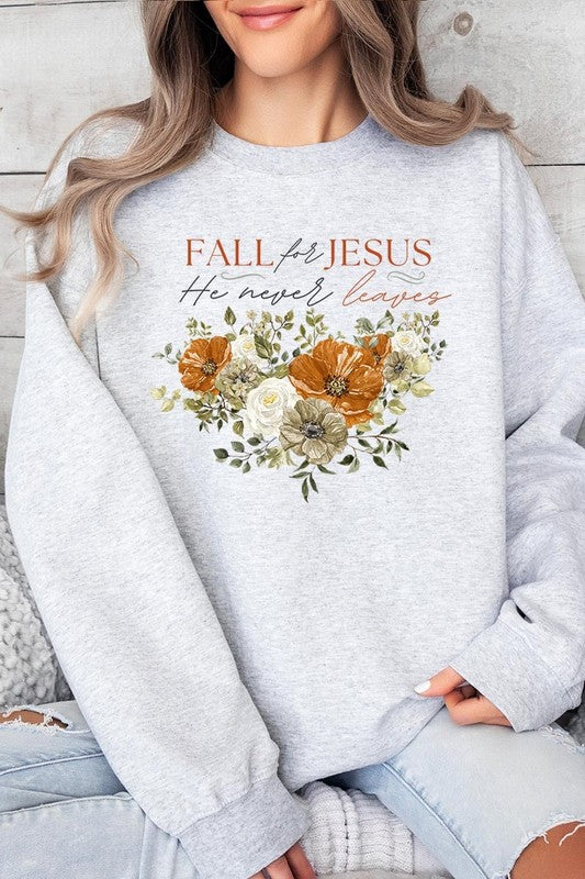 Fall For Jesus He Never Leaves Fleece Crew Neck Long Sleeve Sweatshirts