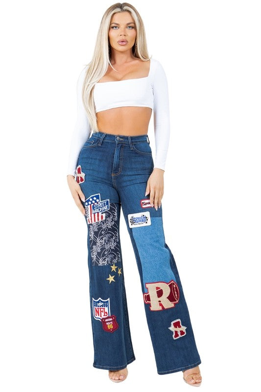 High Rise Wide Leg Brooklyn Varsity Dark Wash Denim Jean