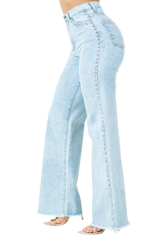 High Rise Wide Leg Brooklyn Studded Denim Jean