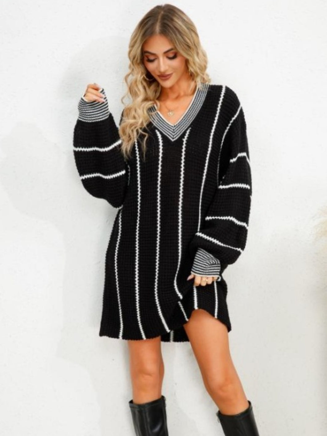 Striped V-Neck Long Sleeve Mini Sweater Dress