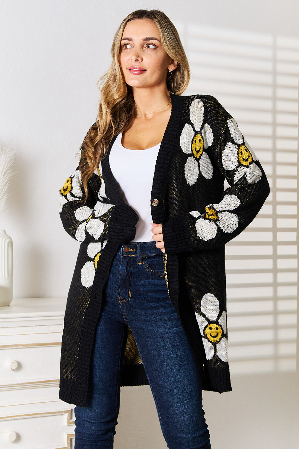 Cute Floral Button Down Longline Cardigan Smiley Face Sweater
