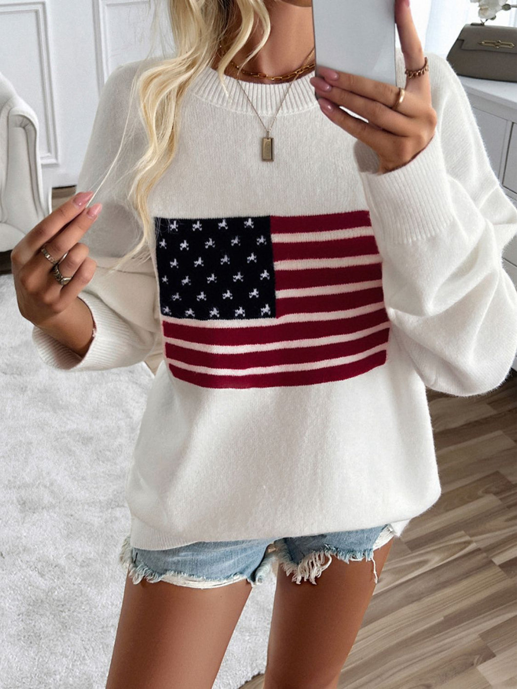 American Flag Sweater US Flag Round Neck Long Sleeve Knit Top