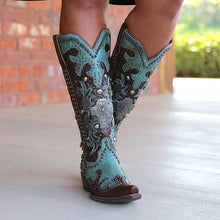 Load image into Gallery viewer, Chic Embroidered Lace-Up Mid-Calf Cowboy Boots with Bold Thick Heels
