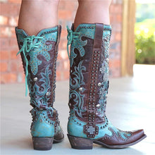 Load image into Gallery viewer, Chic Embroidered Lace-Up Mid-Calf Cowboy Boots with Bold Thick Heels
