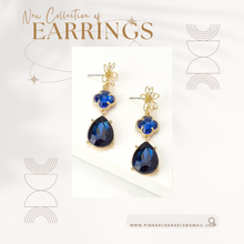 Load image into Gallery viewer, 3 Tier Flower and Royal Blue Linear Drop Earrings
