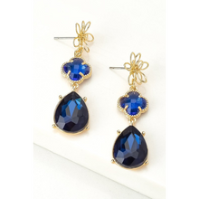 Load image into Gallery viewer, 3 Tier Flower and Royal Blue Linear Drop Earrings
