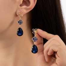 Load image into Gallery viewer, 3 Tier Flower and Royal Blue Linear Drop Earrings
