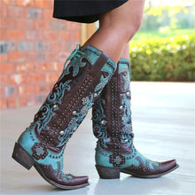 Load image into Gallery viewer, Chic Embroidered Lace-Up Mid-Calf Cowboy Boots with Bold Thick Heels
