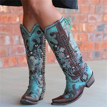 Load image into Gallery viewer, Chic Embroidered Lace-Up Mid-Calf Cowboy Boots with Bold Thick Heels
