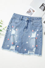 Load image into Gallery viewer, Distressed Raw Hem Heart Mini Denim Skirt
