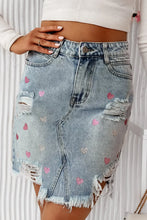 Load image into Gallery viewer, Distressed Raw Hem Heart Mini Denim Skirt
