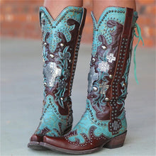 Load image into Gallery viewer, Chic Embroidered Lace-Up Mid-Calf Cowboy Boots with Bold Thick Heels
